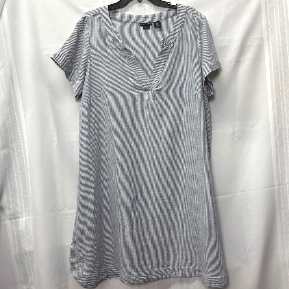 Tahari Women 1X Blue Stripe 100 Linen Shift Dress Minimalist Coastal Chic Preppy